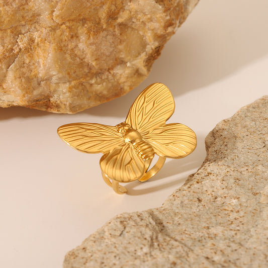 French Palace Style Butterfly Ring for Women in Stainless Steel with Plated Finish, Adjustable Open Band Design