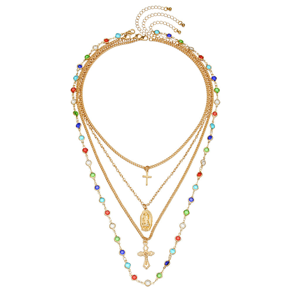Colorful Rhinestone Cross Geometric Pendant Necklace Set with Cable Chain