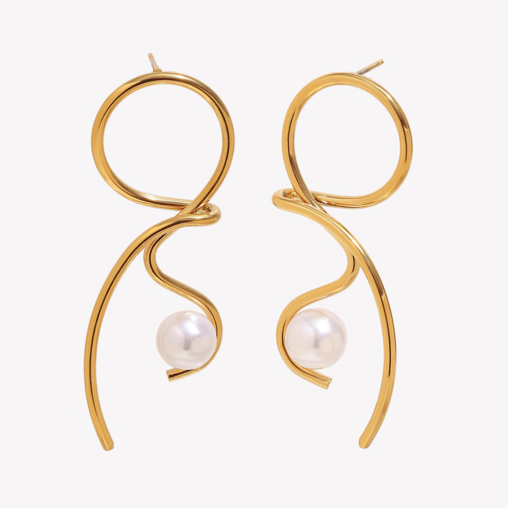 Orecchini da donna in acciaio inossidabile placcati oro 18 carati con design geometrico minimalista a nodo e perle simulate