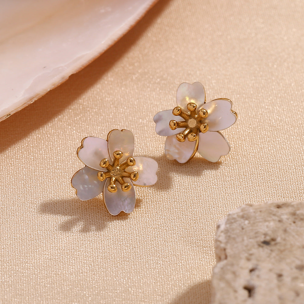 Vintage-Inspired Floral Cherry Blossom Ear Studs for Women Made of Stainless Steel with 18K Gold Plating and Natural Mother-of-Pearl Inlay