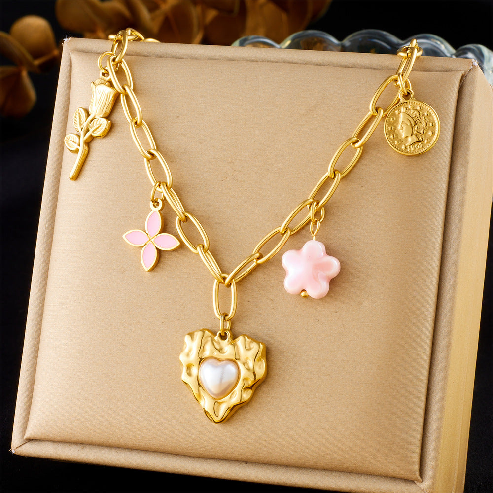 French Vintage Heart Floral Pearl Gemstone Plated Stainless Steel Curb Chain Necklace for Women
