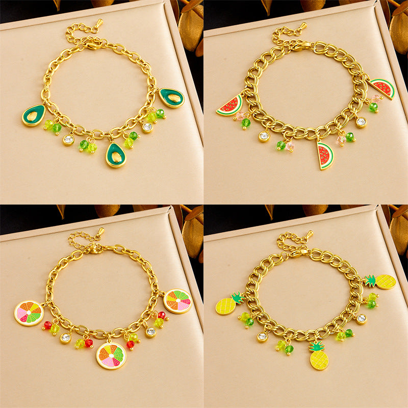 Sweet Cartoon Drip Oil Plated Stainless Steel Bracelet with Lemon Avocado Watermelon Pineapple Charms