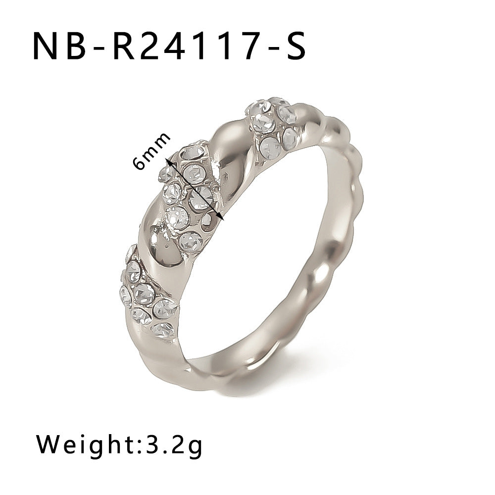 Elegante Anello in Acciaio Inossidabile con Trama Intrecciata e Intarsio di Strass con Motivi a Foglia, Onde e Forme Geometriche per Uomo e Donna