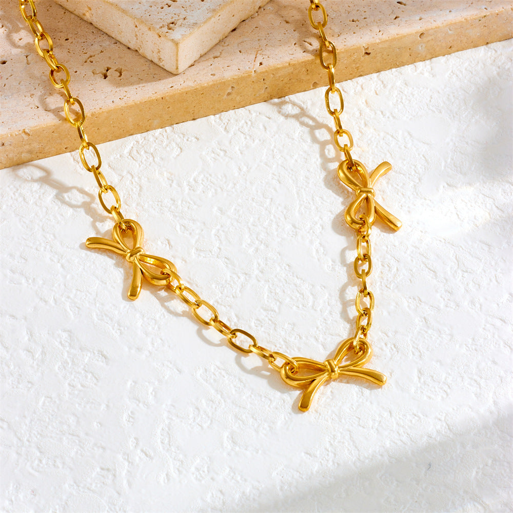 Punk Vintage Gold Plated Stainless Steel Curb Chain Necklace with Bow Knot Pendant