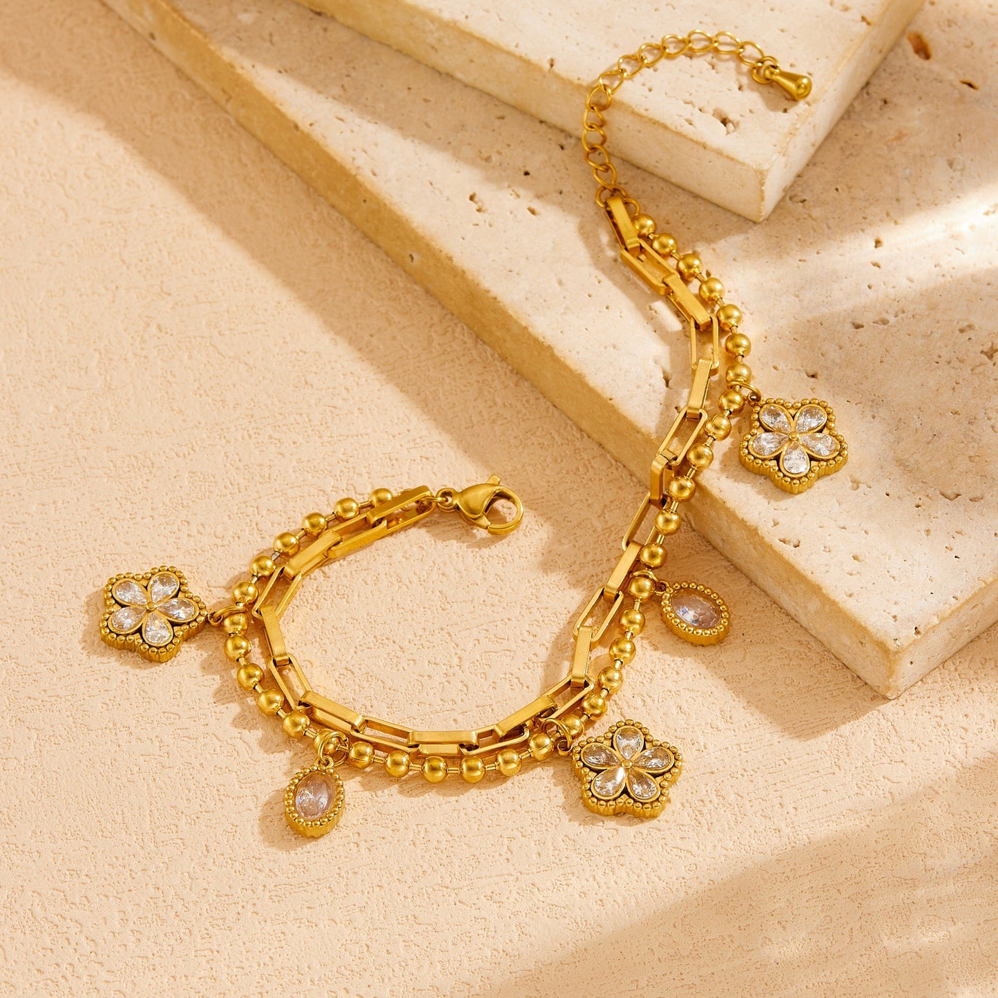 Minimalist Elegant Gold Plated Stainless Steel Floral Teardrop Rhinestone Double Layer Bracelet for Women