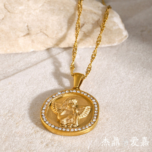Minimalist 18K Gold Plated Round Stainless Steel Necklace with Rhinestone Abstract Pendant