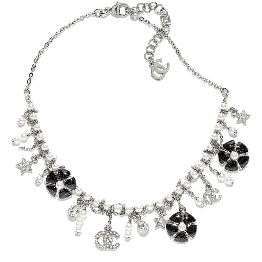 Sweet Black Enamel Floral Double C Letter Brass Pendant Necklace for Women