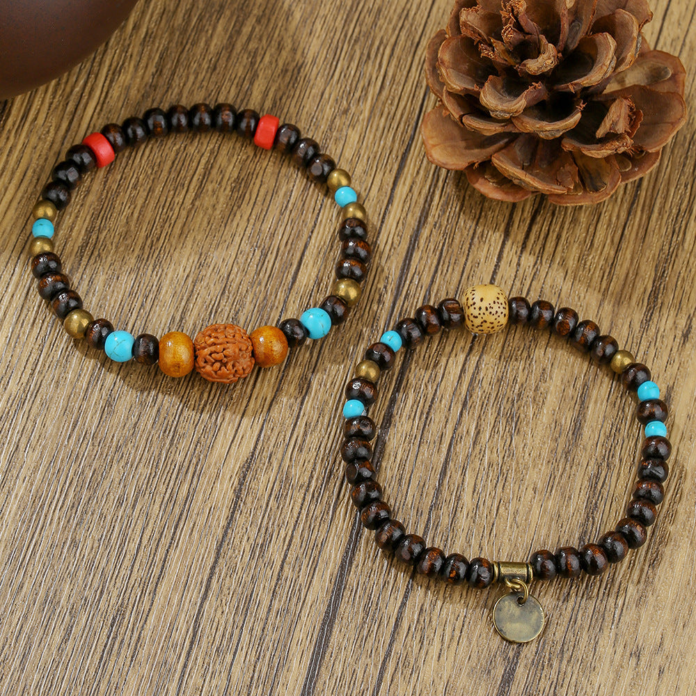 Vintage Bohemian Geometric Wood and Gemstone Bracelet for Men and Women