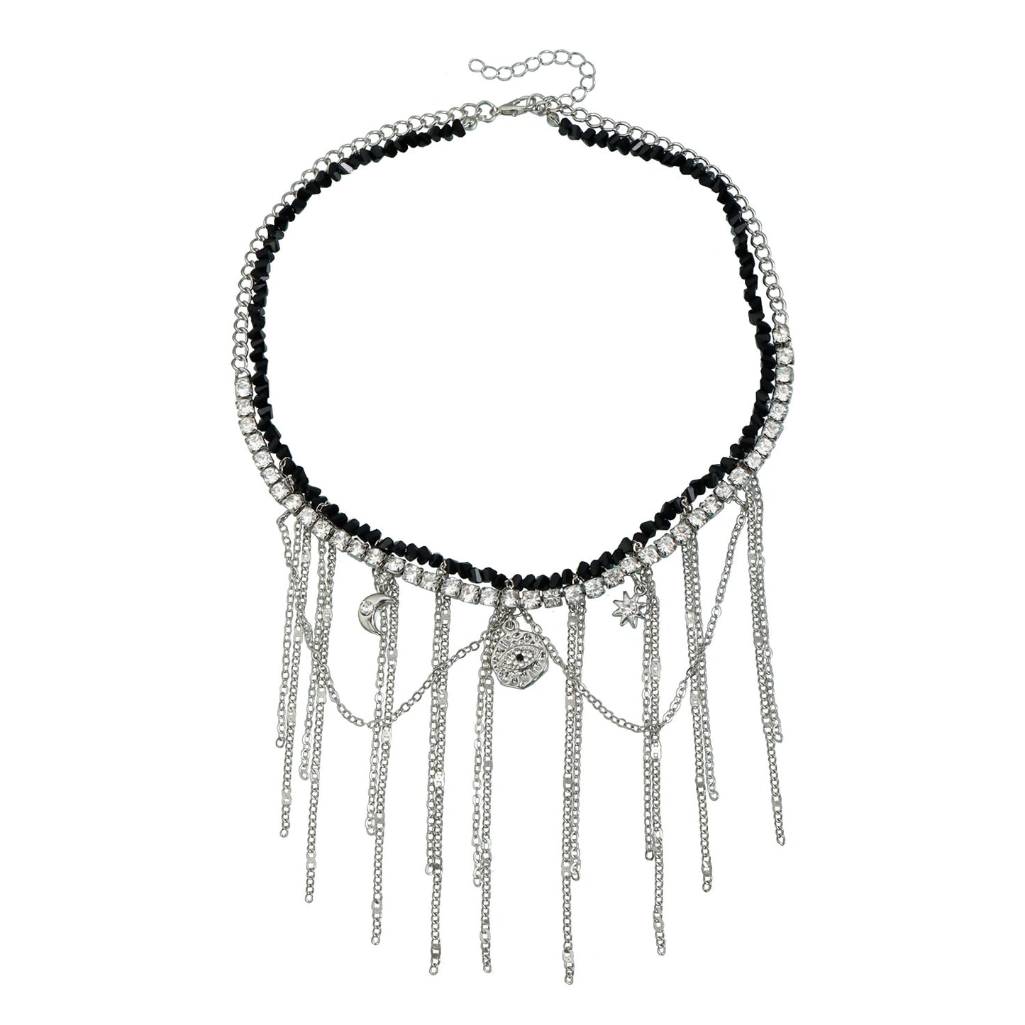 Gothic Streetwear Geometric Alloy Evil Eye Rhinestone Pendant Necklace with Tassel for Women
