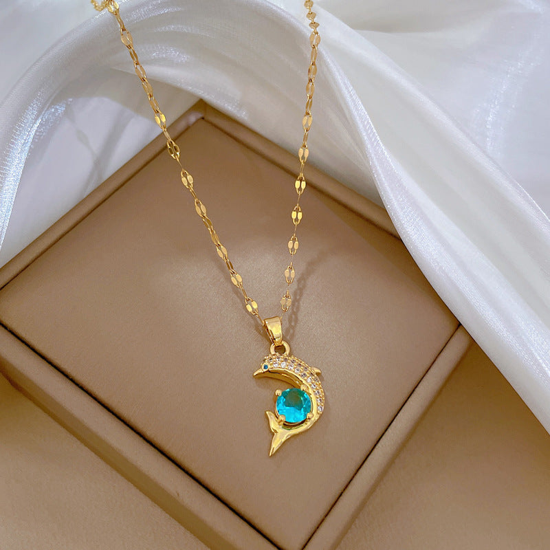 Vintage Minimalist Dolphin Pendant Necklace in Titanium Steel with Rhinestone Accents for Women
