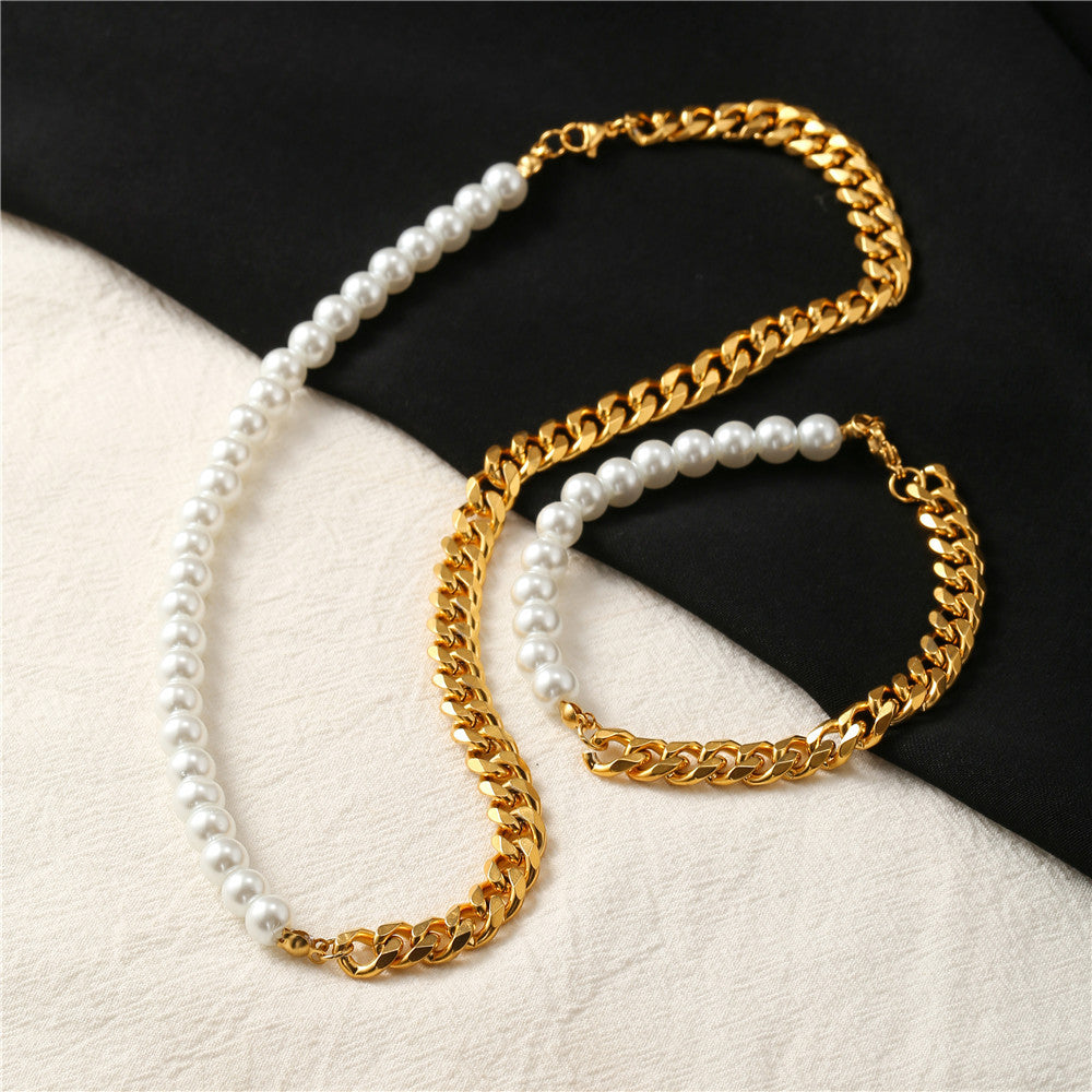 Minimalist Hip-hop Geometric Titanium Steel Cuban Link Chain Bracelet with Pearl for Unisex