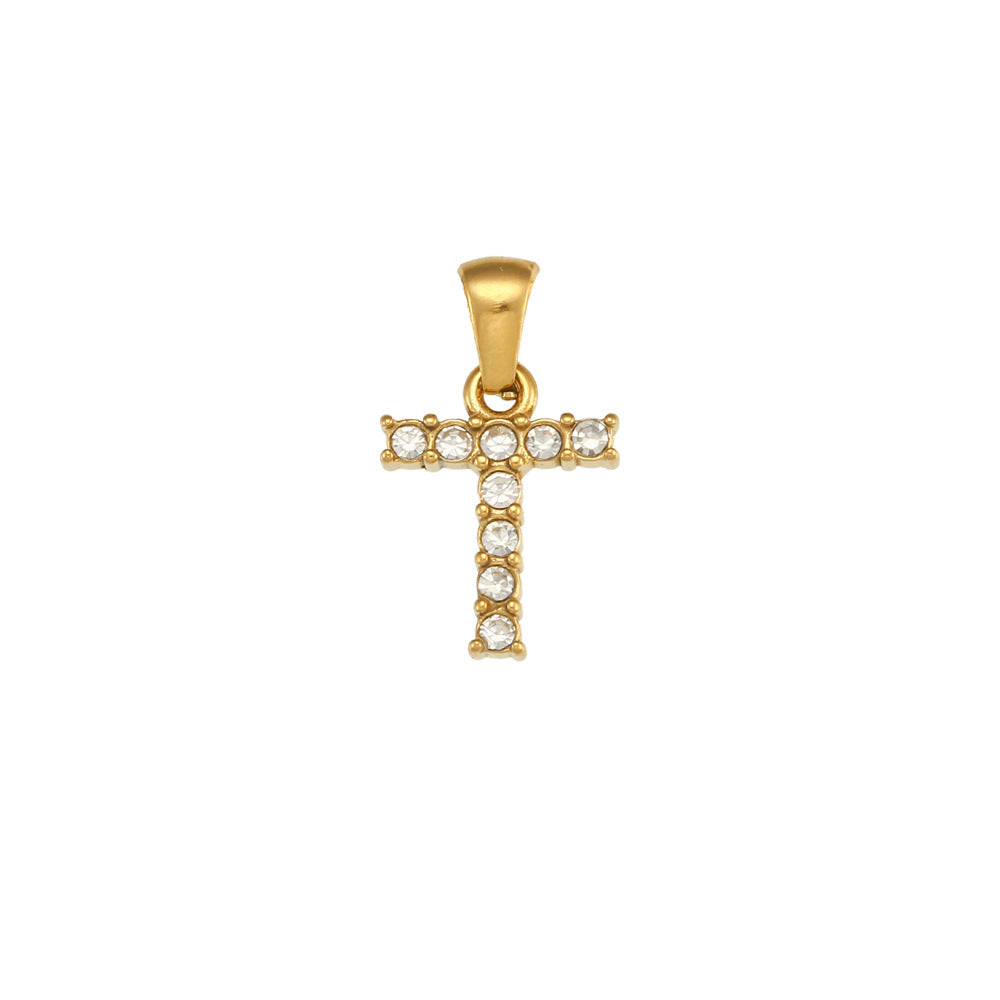 Minimalist Letter Pendant Necklace Stainless Steel with 18K Gold Plating Micro-Pave Zirconia and Pearl Accents