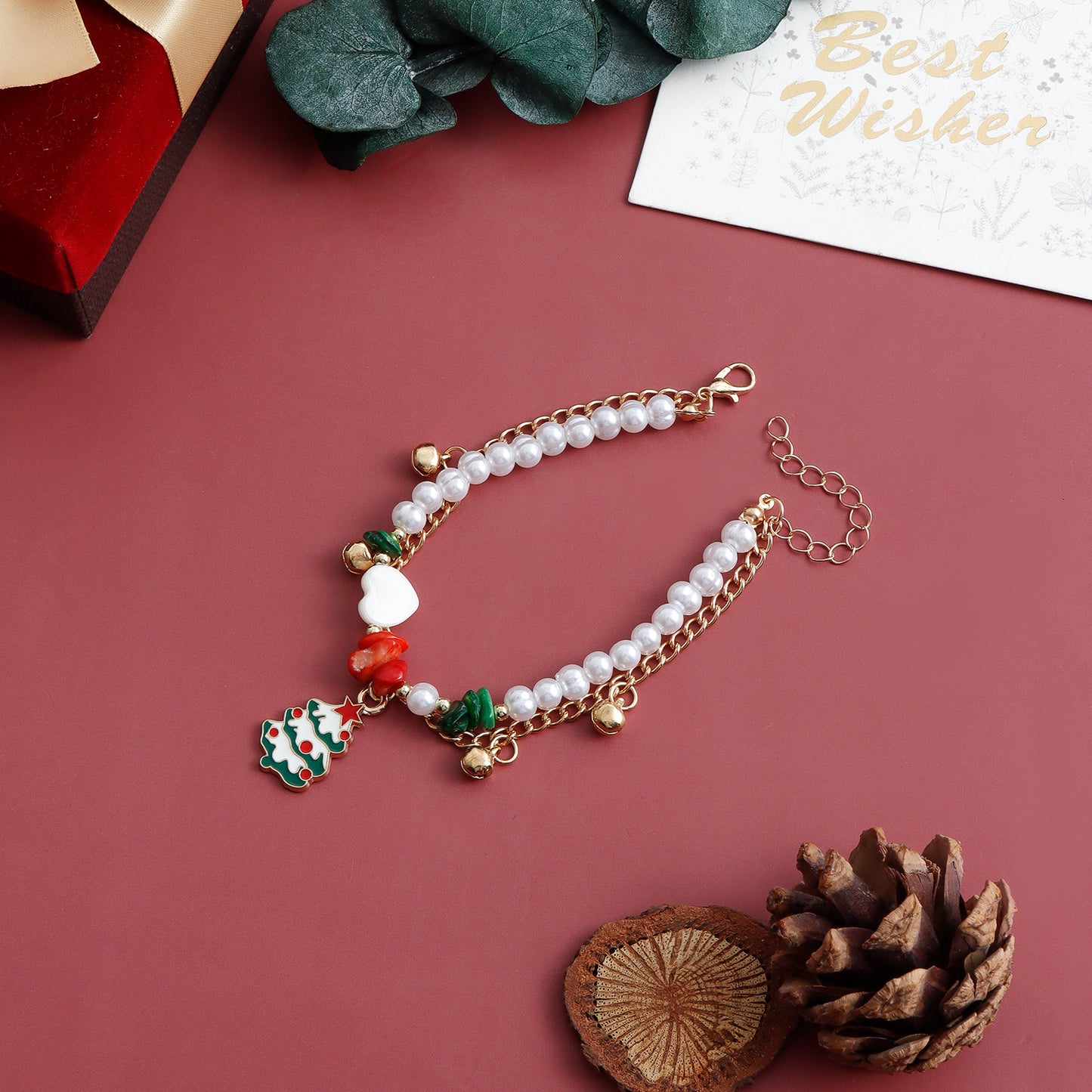 Original Design Christmas Tree and Heart Shaped Beaded Bracelet with Natural Stone and Pearl Accents, Dual-Layer Rope Bracelet with Plated Finish
