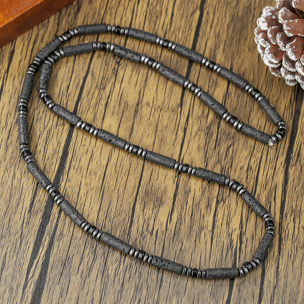 Bohemian Handmade Geometric Round Volcanic Stone and Hematite Long Necklace for Unisex