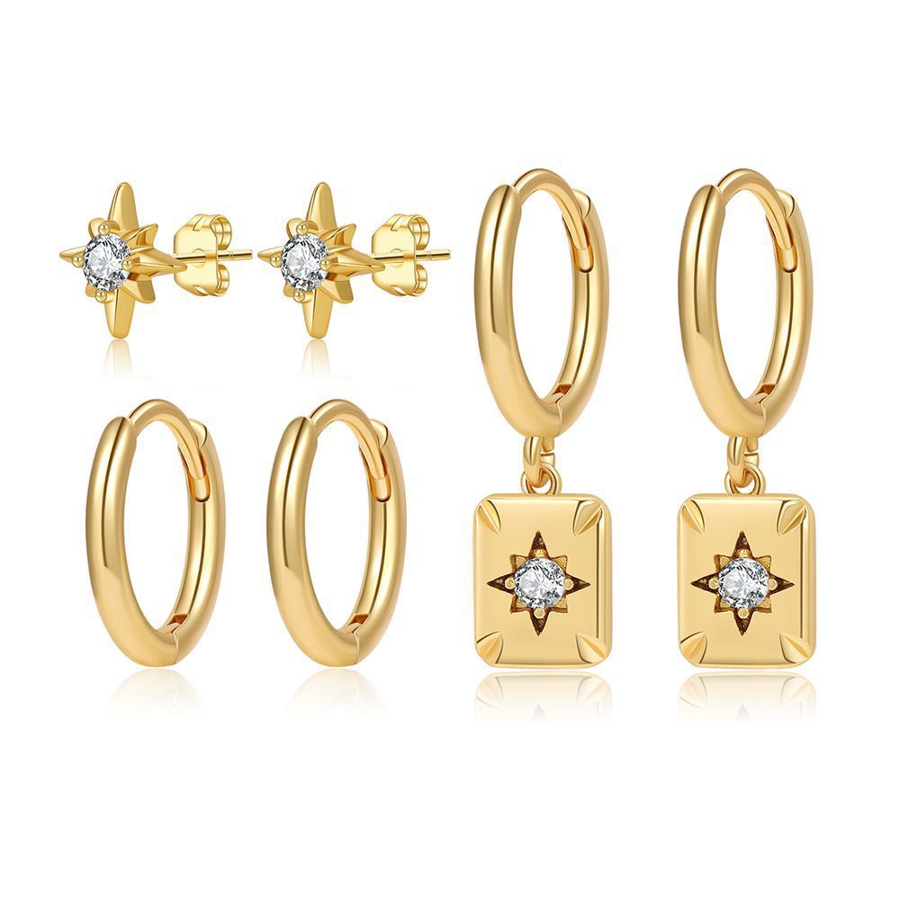 Minimalist Geometric Round Floral Brass Gold Plated Cubic Zirconia Earring Set for Women