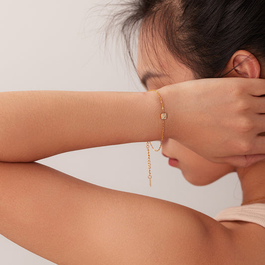Minimalist Thin Bracelet with Geometric Square Pendant, 18K Gold-Plated Stainless Steel, Cubic Zirconia Accent, Women's Jewelry