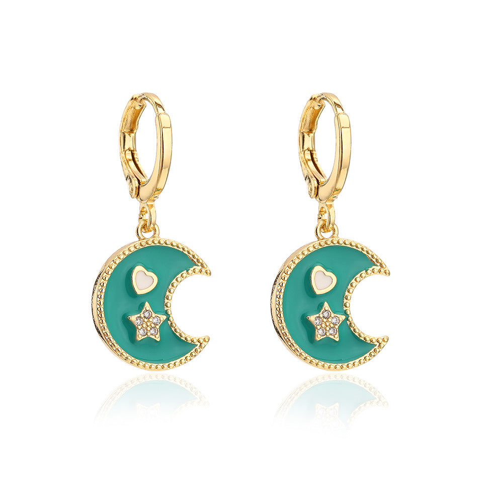 Orecchini minimalisti a forma di stella e luna in rame placcato oro 18K con finitura smaltata da donna