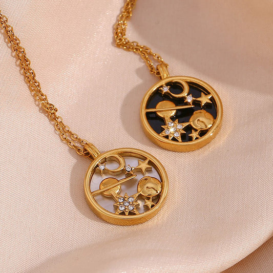 Fashionable Minimalist Moon and Star Pendant Necklace in Stainless Steel with Titanium Steel Charm, Geometric Design for Women