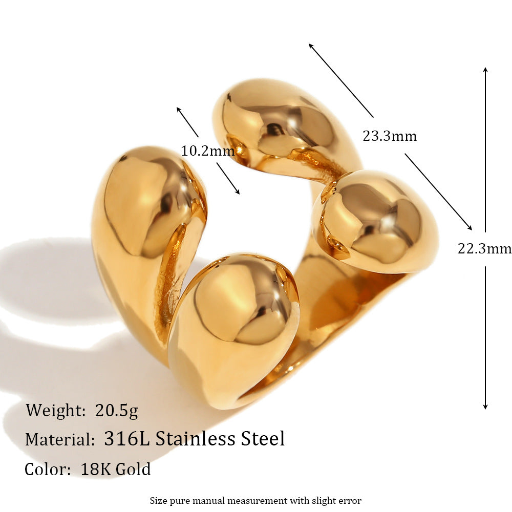 Anillo abierto de acero inoxidable chapado en oro de 18 quilates, estilo minimalista, para mujer, con cuatro formas de lágrima