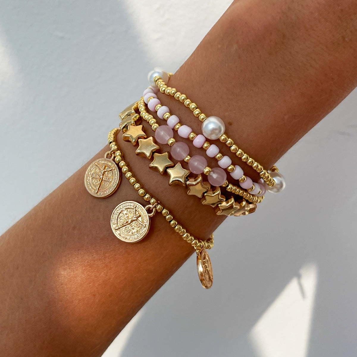 Minimalist 5-Piece Star Charm Bracelet Set with Crystal and Pearl Beads Alloy Plated Jewelry for Women