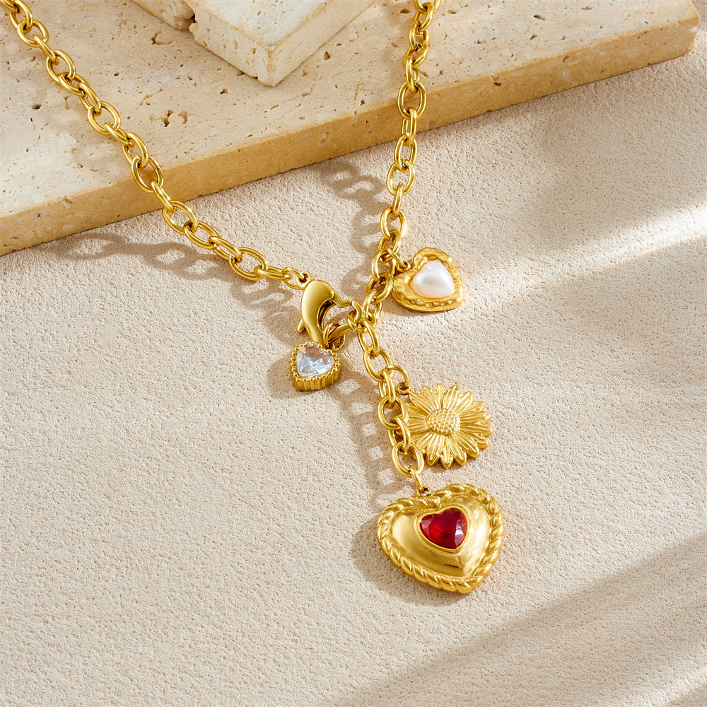 Vintage Gold Plated Stainless Steel Heart Sunflower Rhinestone Pendant Necklace with Tassel