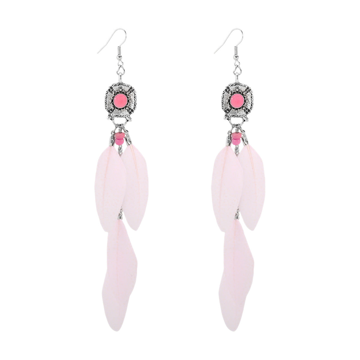 Bohemian Ethnic Vintage Feather Tassel Long Dangle Earrings in Zinc Alloy with Electroplated Finish for Women