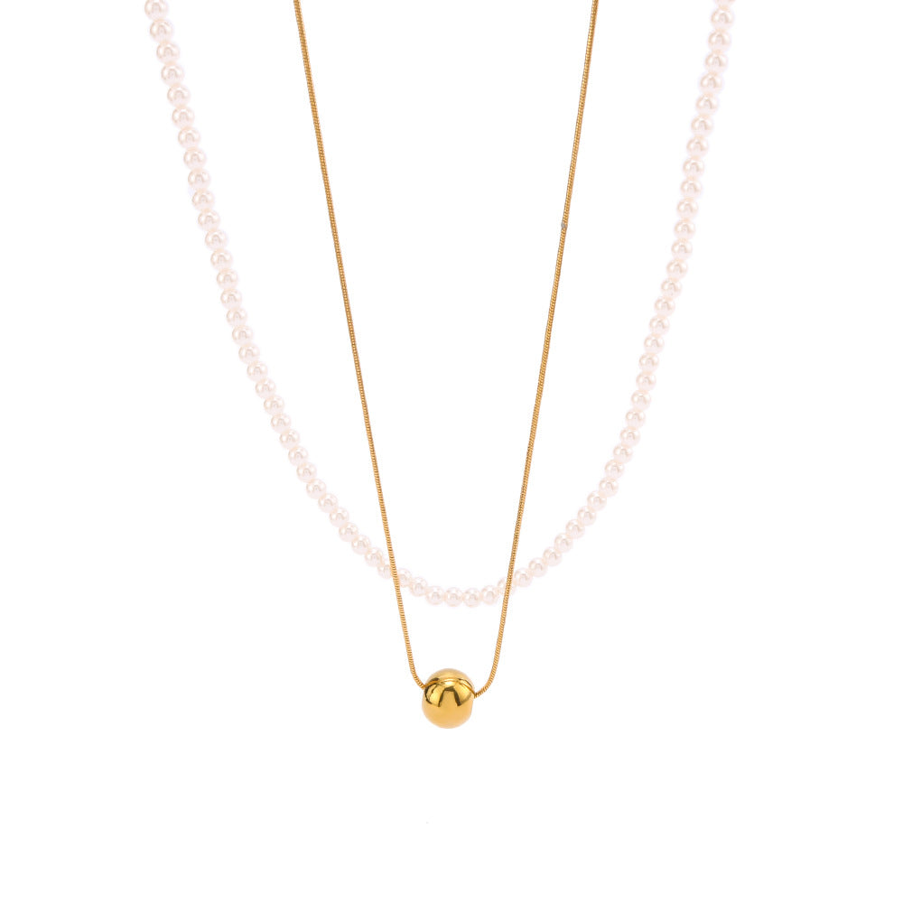 Minimalist Geometric Round Ball Pendant Necklace with 18K Gold Plating Stainless Steel Chain and Pearl Accent for Women