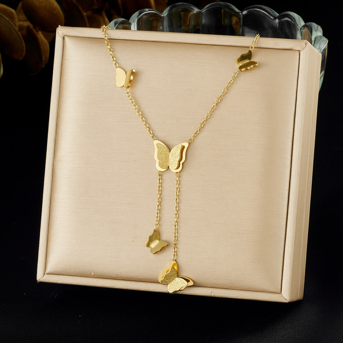 Minimalist Gold Plated Stainless Steel Butterfly Pendant Necklace with Tassel for Women