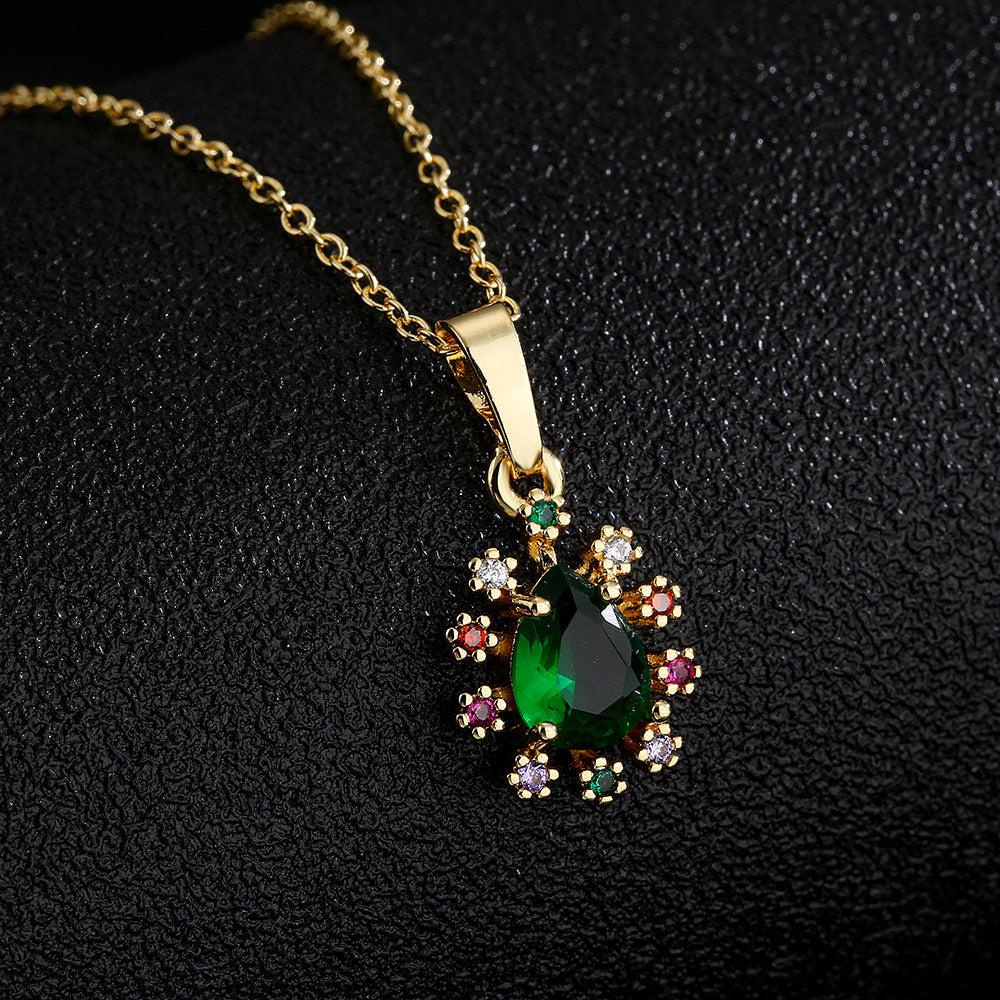 Geometric Evil Eye Pendant Necklace for Women in Copper with 18K Gold Plating and Green Zircon, Vintage INS Style