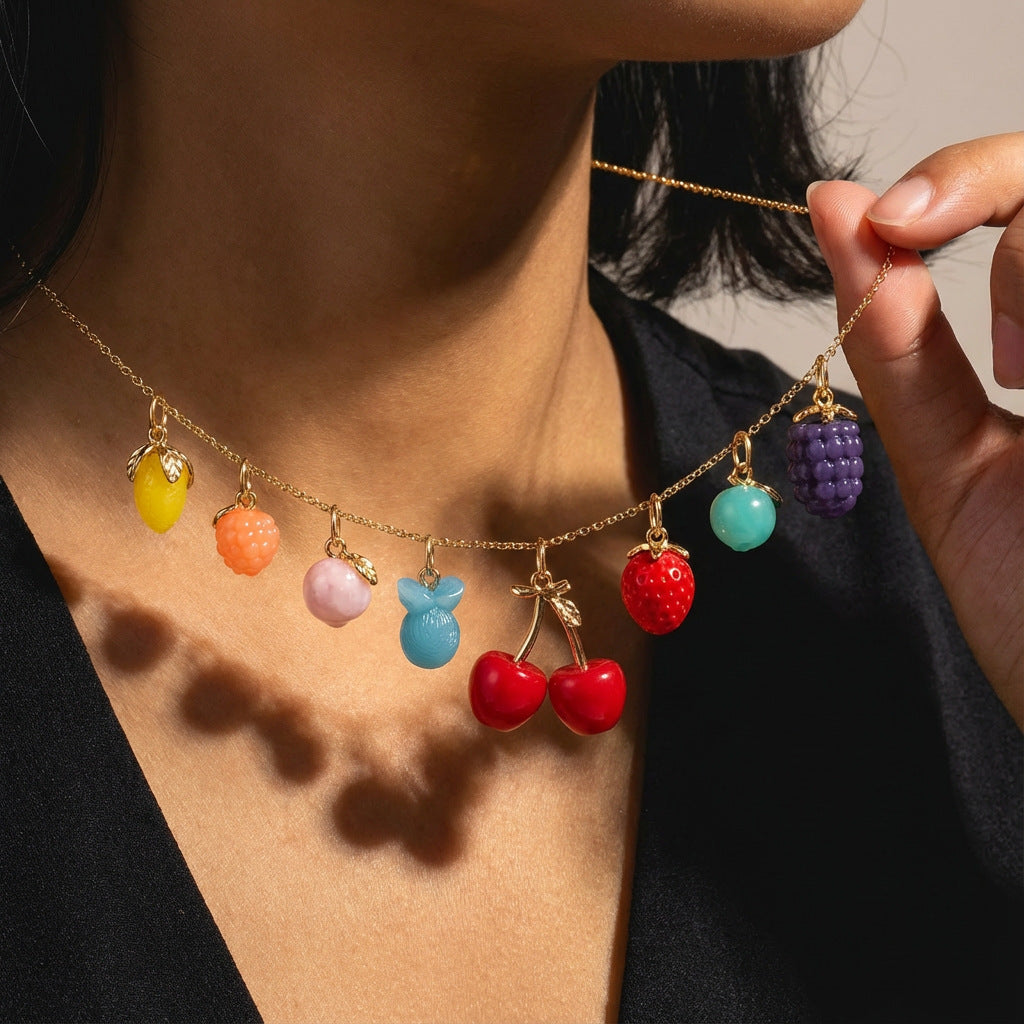 Sweet Fruit Charm Bar Titanium Steel Plated Necklace for Women