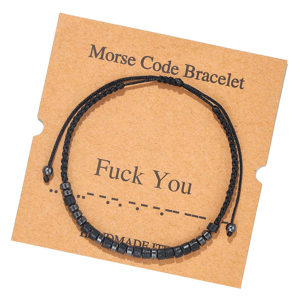 Handmade Geometric Morse Code Wood and Hematite Beaded Bracelet for Unisex