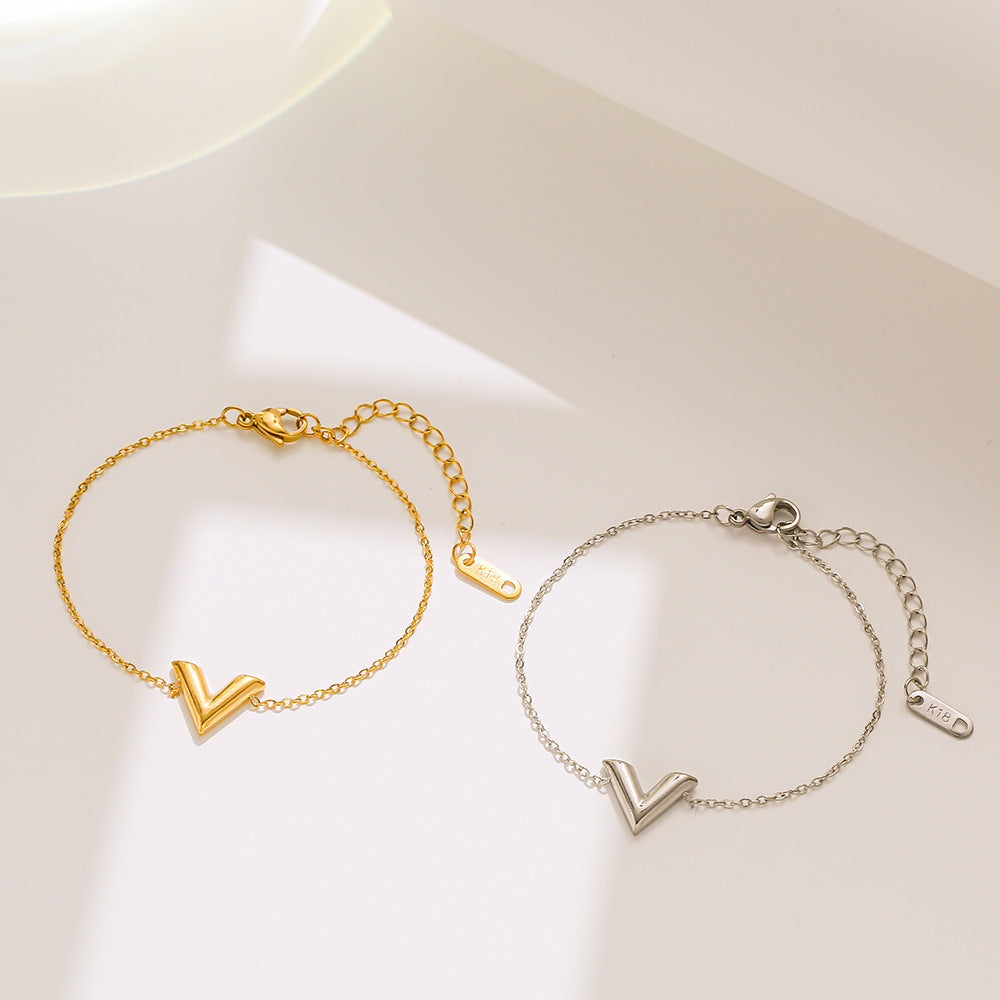 Minimalist Luxe V Letter Pendant Necklace for Women in Titanium Steel with Gold Plating