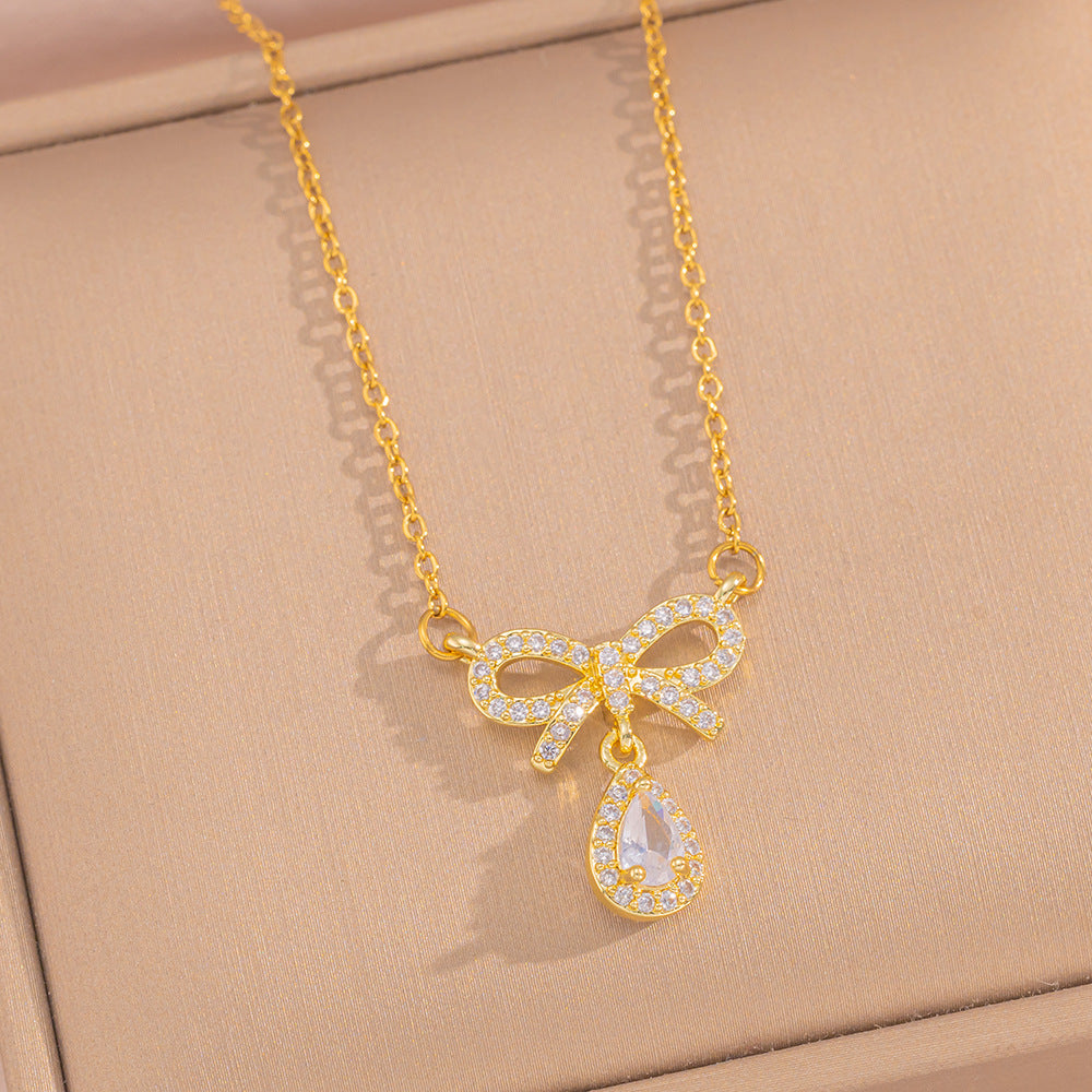 Sweet Bow Heart Pendant Necklace Set with Zircon Inlay in Titanium Steel with O-Chain for Women