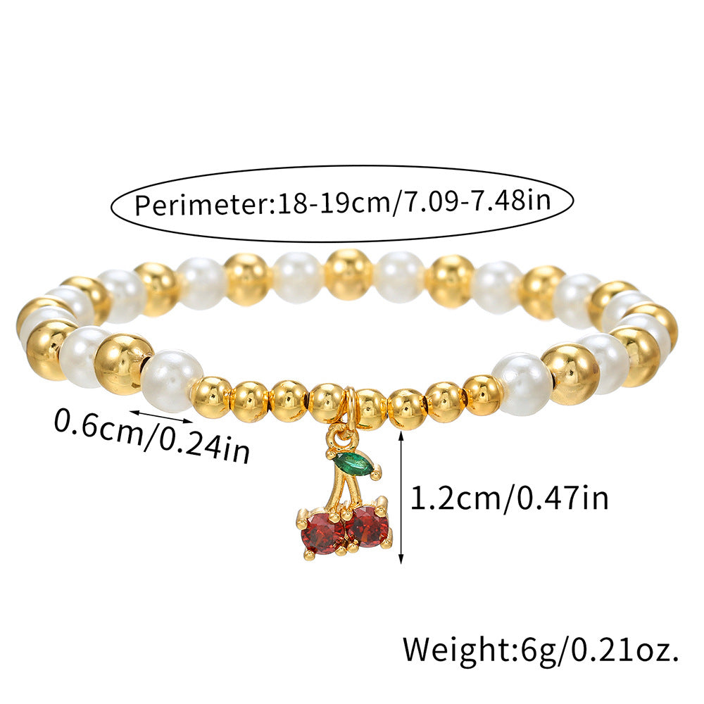 Cherry Heart Cross Fruit Shape Brass Bracelet with Cubic Zirconia and Pearl Inlay for Unisex