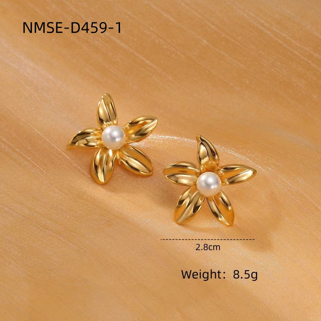 Minimalist Pearl Flower Stainless Steel Earrings with Plated Finish for Women