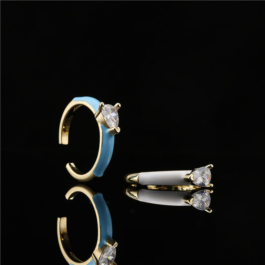 18K Gold Plated Brass Teardrop Geometric Ring with Cubic Zirconia and Drip Oil for Women