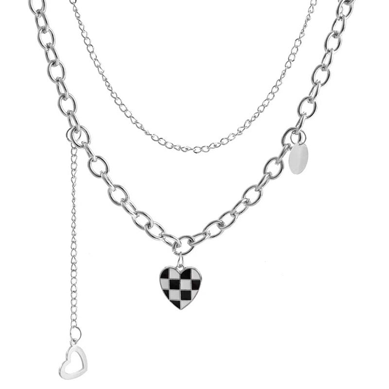Sweet and Edgy Black and White Checkered Heart Pendant Necklace in Stainless Steel with Plated Finish