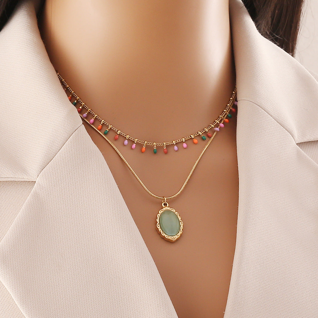 Fashionable Geometric Stainless Steel Double-Layer O-Chain Necklace with Enamel-Drop Pendant for Women