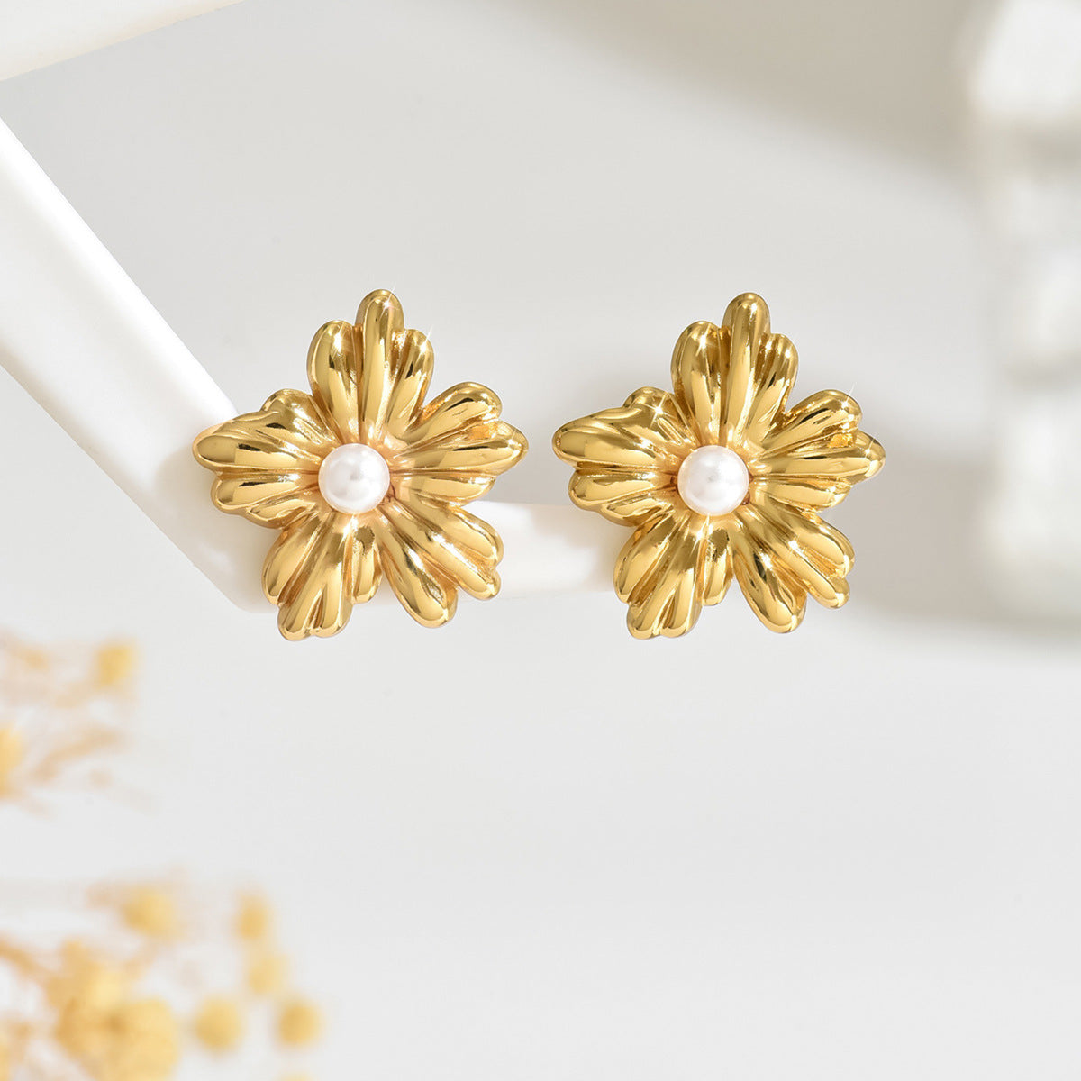 Vintage Elegant Floral Stamped Stainless Steel Earrings with Pearl