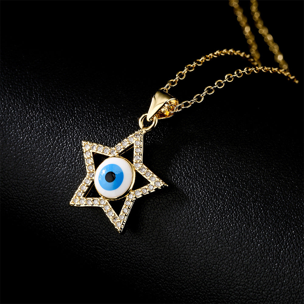 Gold Plated Brass Geometric Heart Evil Eye Pendant Necklace with Cubic Zirconia Inlay and Drip Oil Detail on Cable Chain