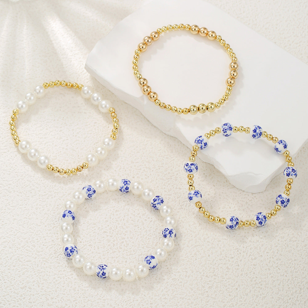 Chinese Style Blue and White Ceramic Imitation Pearl Beaded Stretch Bracelet for Women