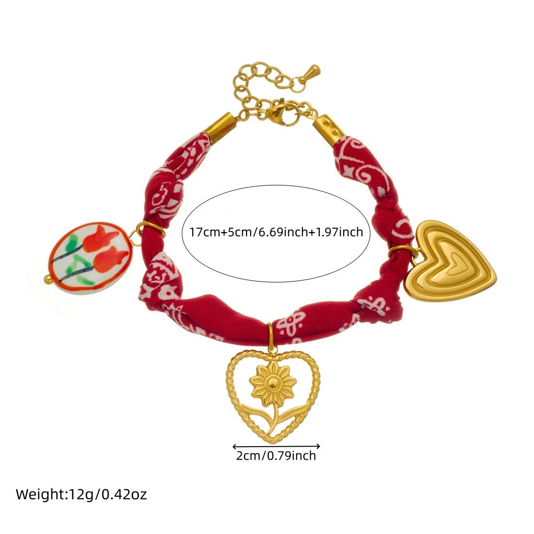 Vintage French Style Gold Plated Stainless Steel Heart Floral Ceramic Pendant Bracelet with Red Fabric Printed Rope Chain