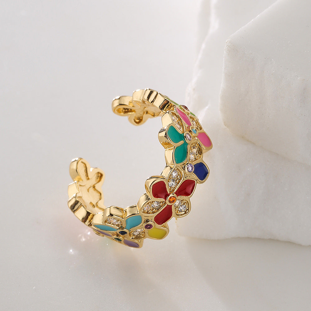 Minimalist Geometric Floral Drip Oil Cubic Zirconia Inlay Gold Plated Brass Ring for Women
