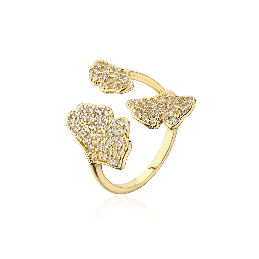 Anello Aperto Geometrico Minimalista da Donna Realizzato in Rame con Placcatura in Oro 18K e Intarsio di Zirconi
