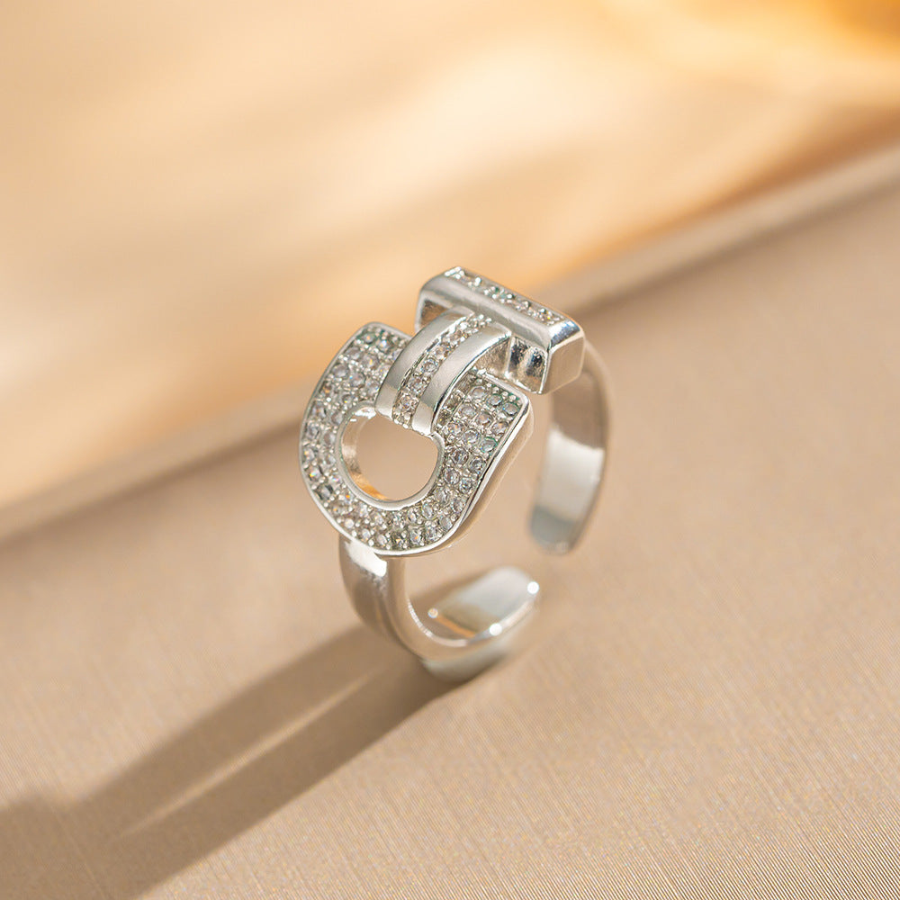 Luxury Minimalist Adjustable Open Ring for Women with Gold-Plated Copper Band and Zircon Stone Accent in Heart and Floral Shape