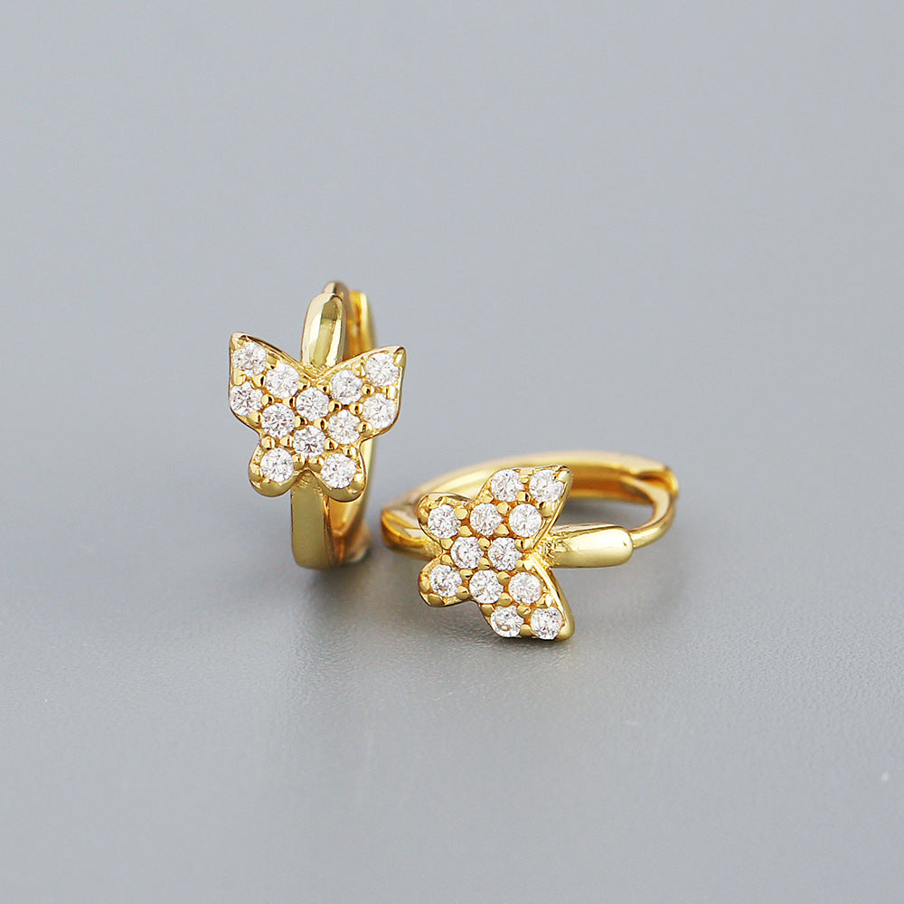 Sweet Minimalist Butterfly-Shaped S925 Sterling Silver Stud Earrings with Rhinestone Inlay