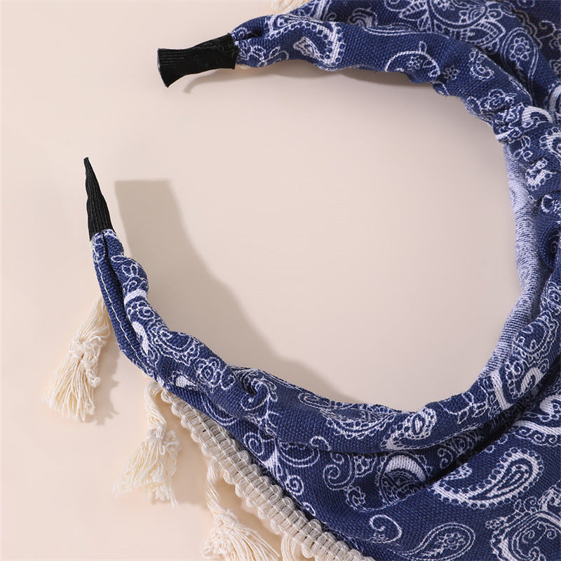 Bohemian Floral Print Headband for Kids with Lace Trim and Tassel Accents in Fabric Material