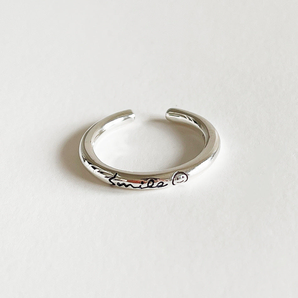 Anello a fascia aperta in argento sterling 925 con sorriso, vintage, retrò, gioiello geometrico con viso per donna