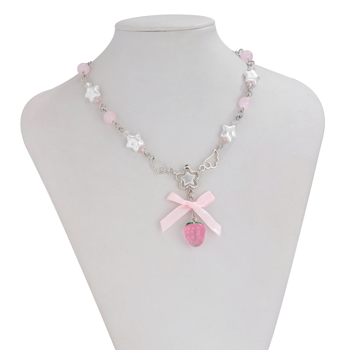 Pastel Floral Strawberry Pendant Necklace with Star and Wing Motifs in Alloy with Pearlized Finish for Women