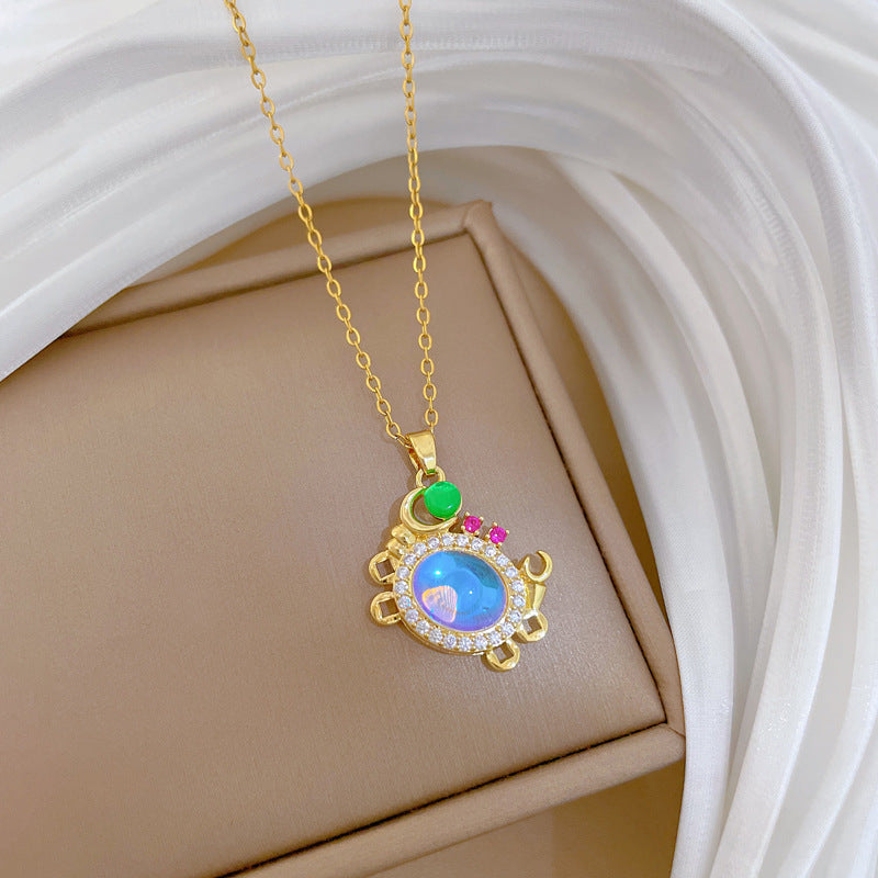 Sweet Gradient Animal Rhinestone Pendant Necklace Titanium Steel Chain for Unisex